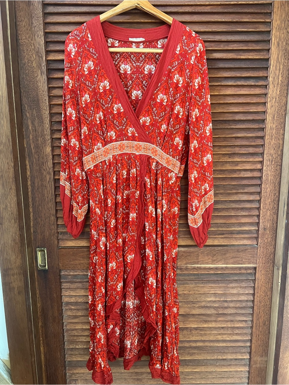 Spell Red Floral High-Low Wrap Dress with Cream Accents
